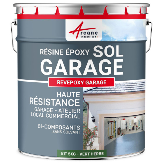 Résine sol garage / Peinture époxy sol : REVEPOXY GARAGE-kit5Kg-Vert-herbe-ral-6010-Aspect / Couleur