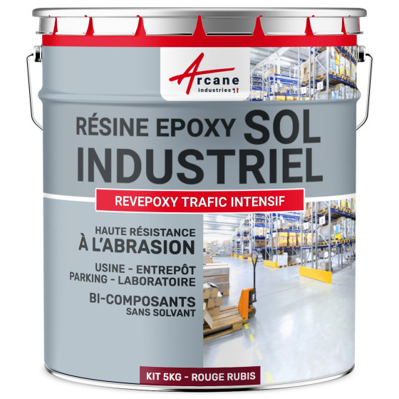 Peinture époxy sol industriel et parking - REVEPOXY TRAFIC INTENSIF-kit5Kg-Rouge-rubis-ral-3003-Aspect / Couleur
