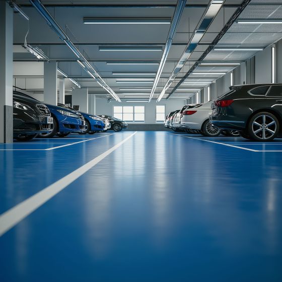 Résine sol garage - Peinture époxy sol : REVEPOXY GARAGE - Mise en situation - Bleu signalisation