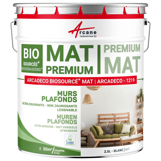 Matte Muur- en Plafondverf: ARCADECO -1219 Wit - 2.5 L + ou - 30m²
