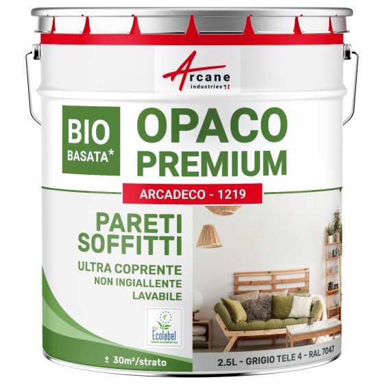Pittura grigia opaca per pareti e soffitti: ARCADECO BIOSOURCED GRIGIO Grigio tele 4 - RAL 7047 - 2.5 L 30m²