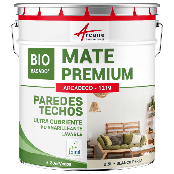 Pintura beige mate para pared y techo: ARCADECO DE BASE BIOLÓGICA BEIGE Blanco Perla - RAL 1013 - 2.5 L 30m²