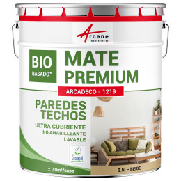 Pintura beige mate para pared y techo: ARCADECO DE BASE BIOLÓGICA BEIGE Beige - RAL 1001 - 2.5 L 30m²