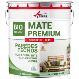 Pintura verde mate para paredes y techos: ARCADECO DE BASE BIOLÓGICA VERDE Verde Blanco - RAL 6019 - 10 L 120m²