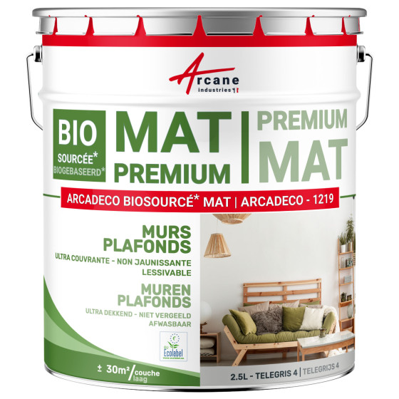 Matte Muur- en Plafondverf: ARCADECO -1219 Telegrijs 4 - RAL 7047 - 2.5 L 30m²