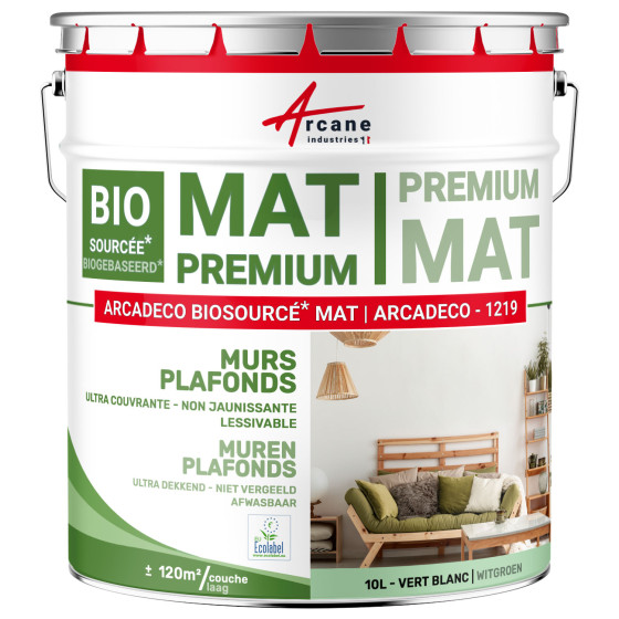 Matte Muur- en Plafondverf: ARCADECO -1219 Witgroen - RAL 6019 - 10 L 120m²