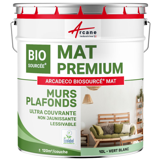 Peinture mate mur et plafond : ARCADÉCO BIOSOURCÉ Vert Blanc - RAL 6019 - 10 L (+ ou - 120m² par couche)