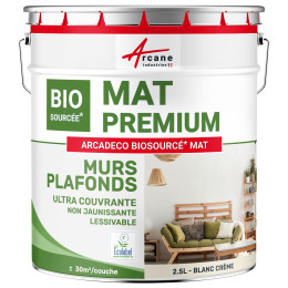 Peinture mur et plafond blanc mate  : ARCADÉCO BIOSOURCÉ BLANC Blanc Crème - RAL 9001 - 2.5 L 30m²