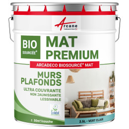 Peinture verte mate mur et plafond : ARCADÉCO BIOSOURCÉ VERT 2.5 L 30m²   - Vert clair - RAL 6027
