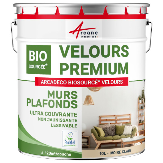 Peinture velours mur et plafond : ARCADÉCO BIOSOURCÉ Ivoire Clair - RAL 1015 - 10 L (+ ou - 120m² par couche)