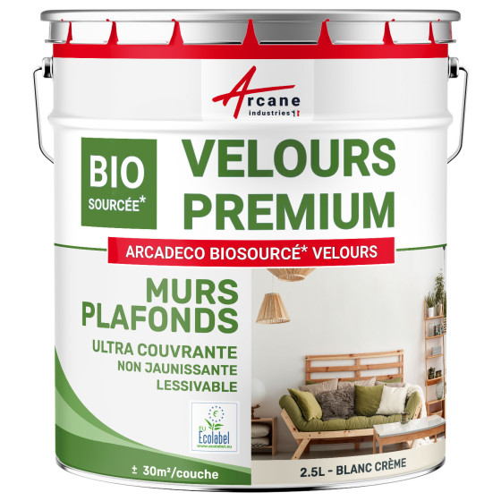 Peinture velours mur et plafond : ARCADÉCO BIOSOURCÉ Blanc Crème - RAL 9001 - 2.5 L (+ ou - 30m² par couche) Peinture velours mur et plafond : ARCADÉCO BIOSOURCÉ Blanc Crème - RAL 9001 - 2.5 L (+ ou - 30m² par couche)