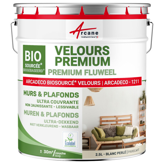 Veloursverf voor muren en plafonds: ARCADECO -1211 Parelwit - RAL 1013 - RAL 1013 - 2.5 L + ou - 30m² par couche