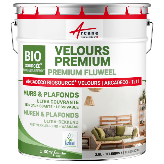 Veloursverf voor muren en plafonds: ARCADECO -1211 Telegrijs 4 - RAL 7047 - 2.5 L + ou - 30m² par couche