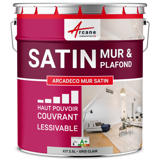 Peinture murale acrylique satin : ARCADÉCO MUR SATIN 2.5 L - Gris Clair - RAL 7035