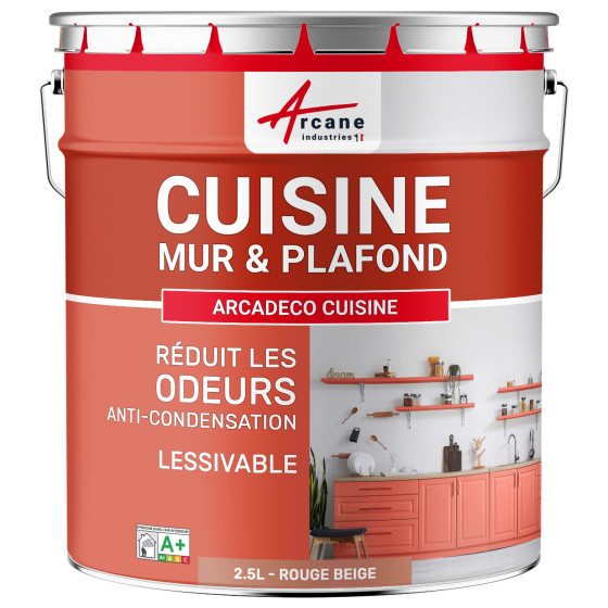 Peinture cuisine rouge lavable. mur et plafond : ARCADÉCO CUISINE 2.5 L - Rouge beige - RAL 3012