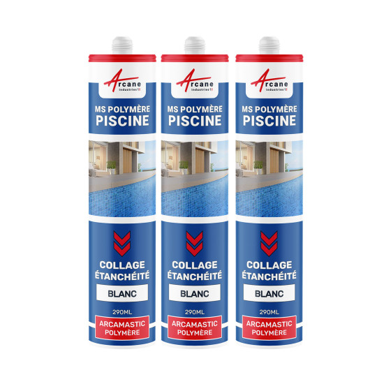 Mastic Polymère Piscine Collage / Étanchéité : ARCAMASTIC POLYMERE PISCINE - Blanc - 290 ml x 3