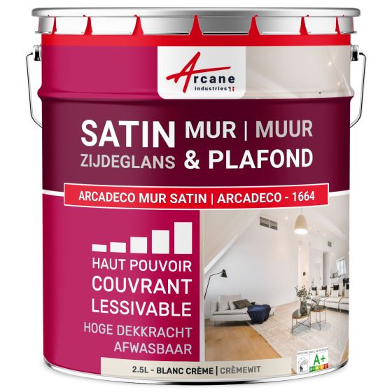 Satijn acrylverf voor muur en plafond: ARCADECO - 1664 2.5 L - Crèmewit - RAL 9001