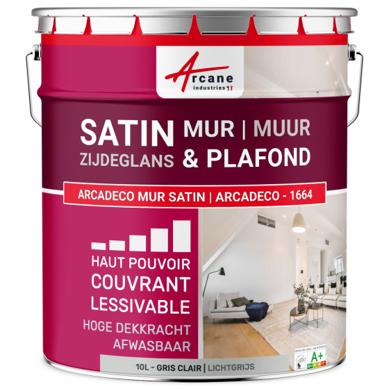 Satijn acrylverf voor muur en plafond: ARCADECO - 1664 2.5 L - Lichtgrijs - RAL 7035