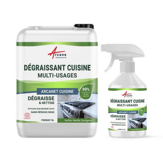 Nettoyant dégraissant pour cuisine naturel : ARCANET Cuisine - Certifié ECOCERT - 5 L + recharge 500 ml vide