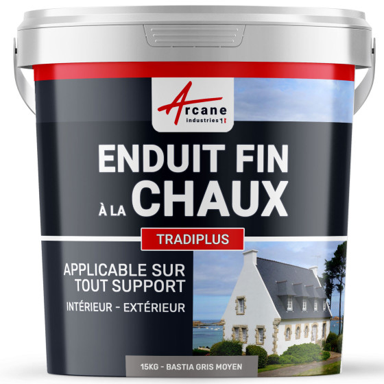 Enduit chaux fin pour décoration intérieure et extérieur - TRADIPLUS-kit15kg-BASTIA-Gris-moyen-Aspect / Couleur