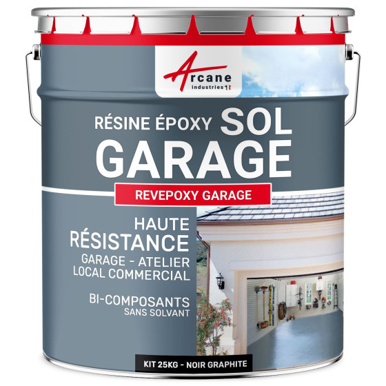 Résine sol garage / Peinture époxy sol : REVEPOXY GARAGE-kit25Kg-Noir-graphite-ral-9011-Aspect / Couleur