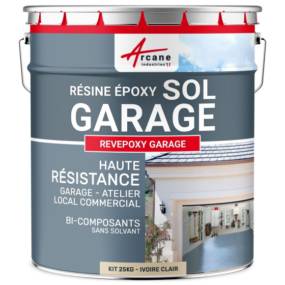 Résine sol garage / Peinture époxy sol : REVEPOXY GARAGE-kit25Kg-Ivoire-claire-ral-1015-Aspect / Couleur