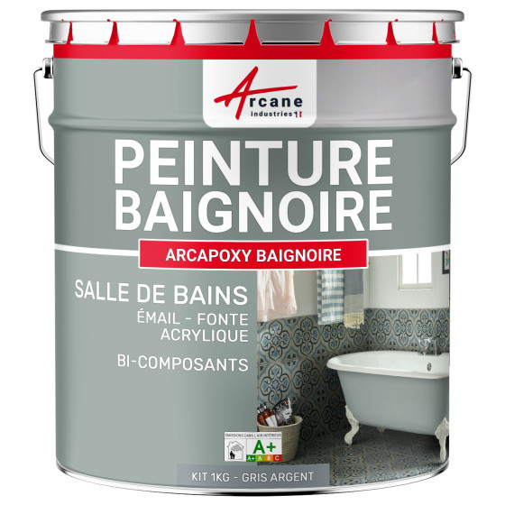 PEINTURE BAIGNOIRE - Résine rénovation baignoire lavabo émail salle de bain-Kit1Kg-RAL-7001-Gris-Argent-Aspect / Couleur